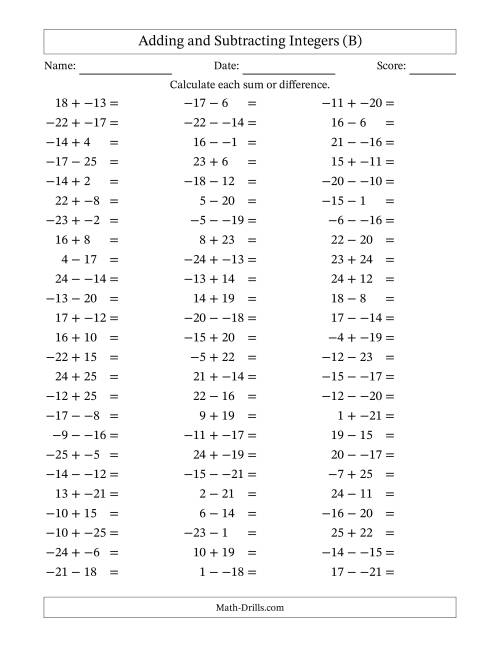 The Adding and Subtracting Mixed Integers from -25 to 25 (75 Questions; No Parentheses) (B) Math Worksheet