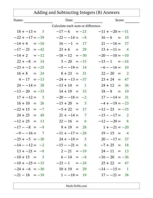 The Adding and Subtracting Mixed Integers from -25 to 25 (75 Questions; No Parentheses) (B) Math Worksheet Page 2