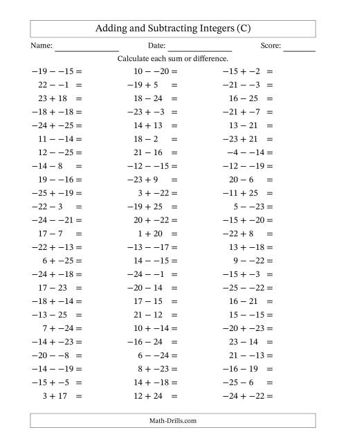 The Adding and Subtracting Mixed Integers from -25 to 25 (75 Questions; No Parentheses) (C) Math Worksheet