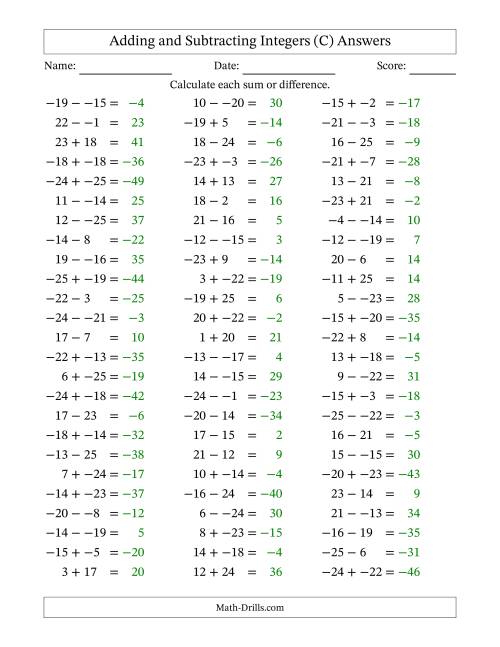 The Adding and Subtracting Mixed Integers from -25 to 25 (75 Questions; No Parentheses) (C) Math Worksheet Page 2
