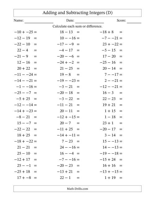 The Adding and Subtracting Mixed Integers from -25 to 25 (75 Questions; No Parentheses) (D) Math Worksheet