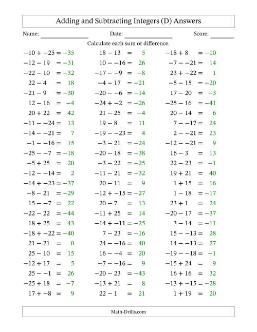 The Adding and Subtracting Mixed Integers from -25 to 25 (75 Questions; No Parentheses) (D) Math Worksheet Page 2