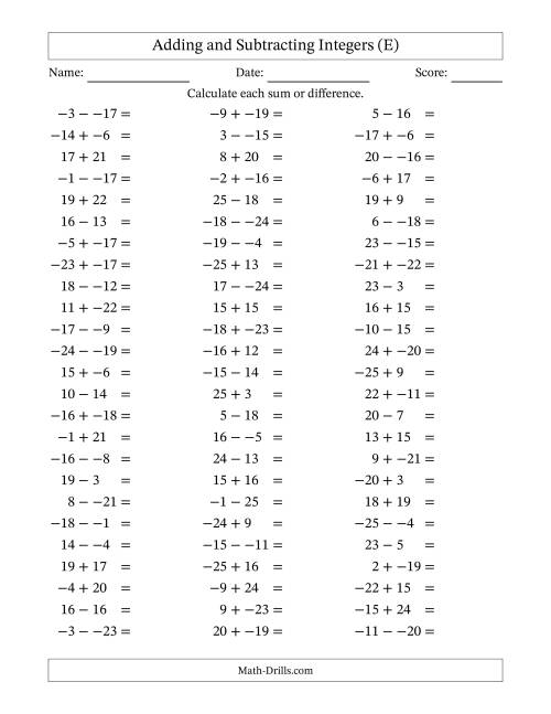 The Adding and Subtracting Mixed Integers from -25 to 25 (75 Questions; No Parentheses) (E) Math Worksheet
