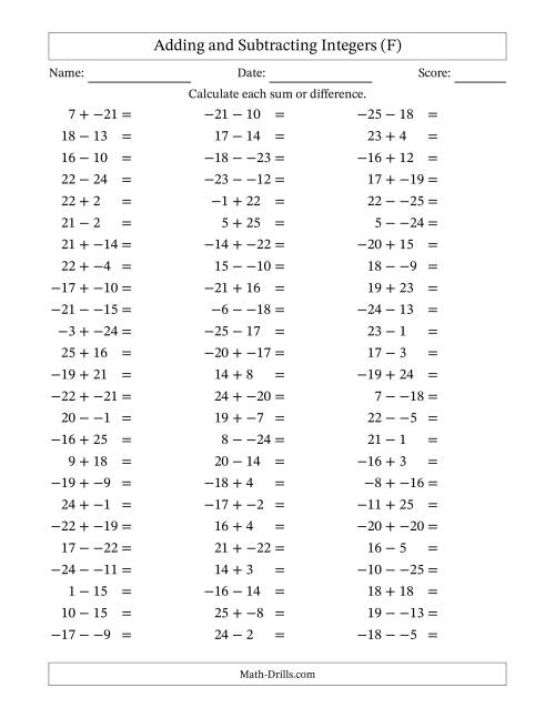 The Adding and Subtracting Mixed Integers from -25 to 25 (75 Questions; No Parentheses) (F) Math Worksheet