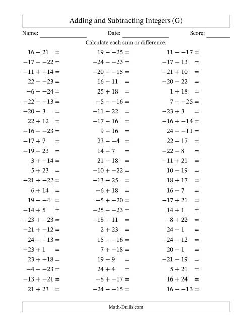 The Adding and Subtracting Mixed Integers from -25 to 25 (75 Questions; No Parentheses) (G) Math Worksheet