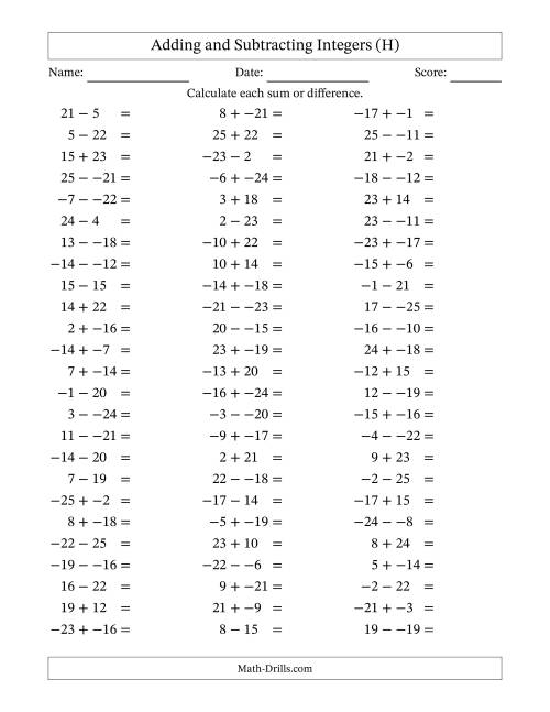 The Adding and Subtracting Mixed Integers from -25 to 25 (75 Questions; No Parentheses) (H) Math Worksheet