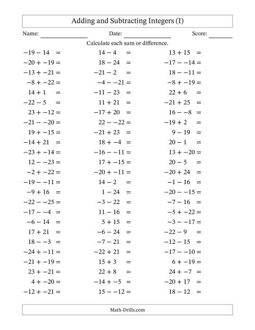 The Adding and Subtracting Mixed Integers from -25 to 25 (75 Questions; No Parentheses) (I) Math Worksheet