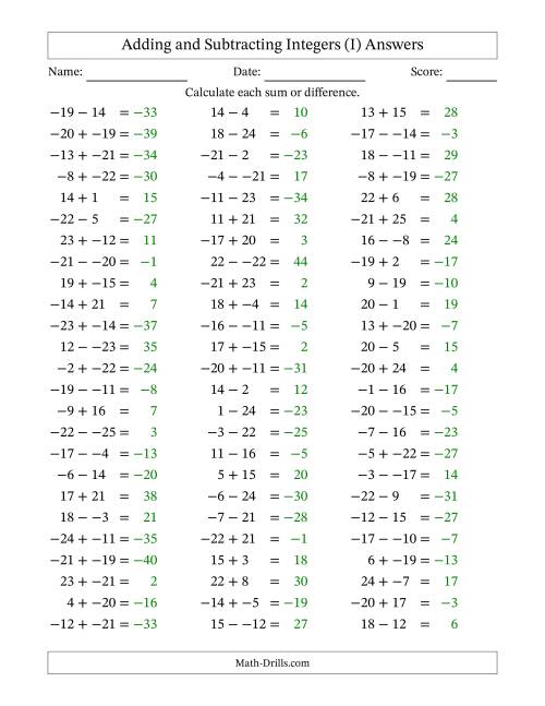 The Adding and Subtracting Mixed Integers from -25 to 25 (75 Questions; No Parentheses) (I) Math Worksheet Page 2