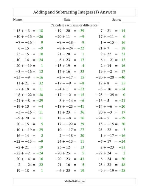 The Adding and Subtracting Mixed Integers from -25 to 25 (75 Questions; No Parentheses) (J) Math Worksheet Page 2