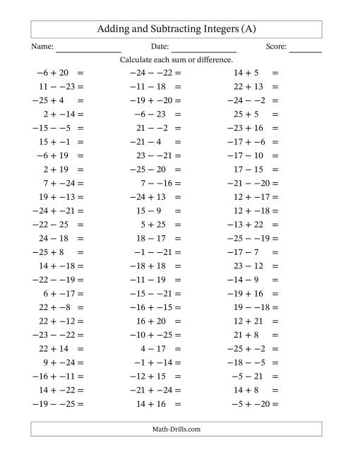 The Adding and Subtracting Mixed Integers from -25 to 25 (75 Questions; No Parentheses) (All) Math Worksheet