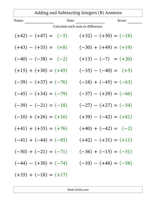 The Adding and Subtracting Mixed Integers from -50 to 50 (25 Questions; Large Print; All Parentheses) (B) Math Worksheet Page 2