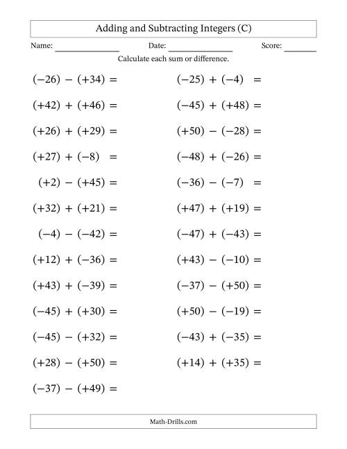 The Adding and Subtracting Mixed Integers from -50 to 50 (25 Questions; Large Print; All Parentheses) (C) Math Worksheet
