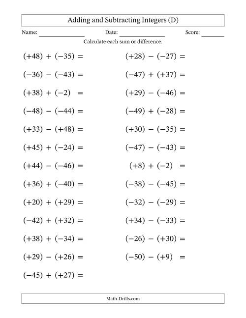 The Adding and Subtracting Mixed Integers from -50 to 50 (25 Questions; Large Print; All Parentheses) (D) Math Worksheet