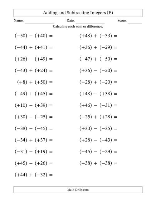 The Adding and Subtracting Mixed Integers from -50 to 50 (25 Questions; Large Print; All Parentheses) (E) Math Worksheet