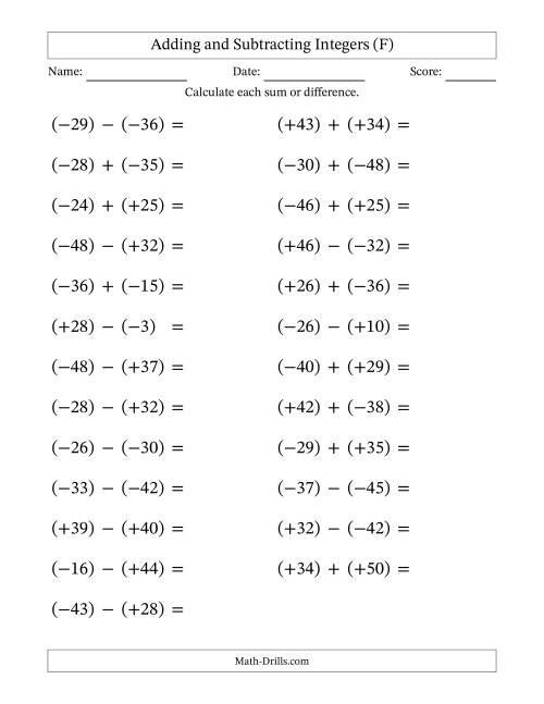 The Adding and Subtracting Mixed Integers from -50 to 50 (25 Questions; Large Print; All Parentheses) (F) Math Worksheet
