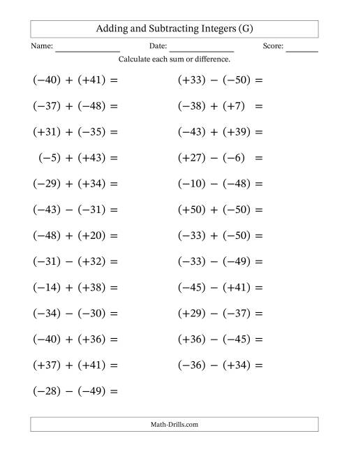 The Adding and Subtracting Mixed Integers from -50 to 50 (25 Questions; Large Print; All Parentheses) (G) Math Worksheet