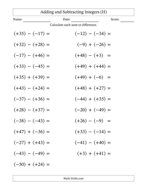 The Adding and Subtracting Mixed Integers from -50 to 50 (25 Questions; Large Print; All Parentheses) (H) Math Worksheet