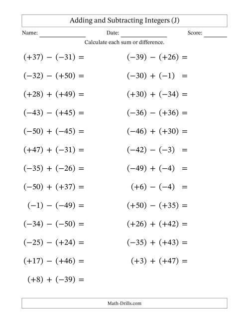The Adding and Subtracting Mixed Integers from -50 to 50 (25 Questions; Large Print; All Parentheses) (J) Math Worksheet