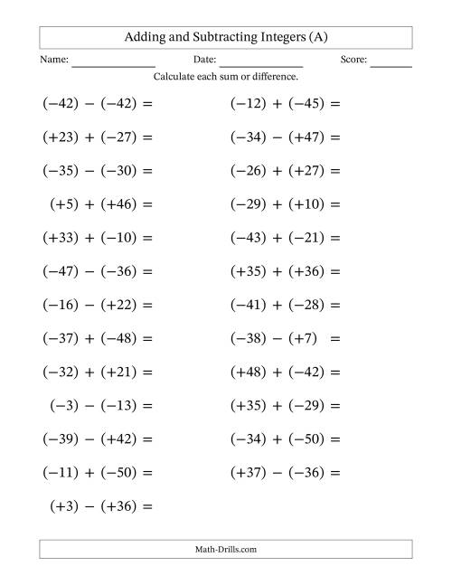 The Adding and Subtracting Mixed Integers from -50 to 50 (25 Questions; Large Print; All Parentheses) (All) Math Worksheet