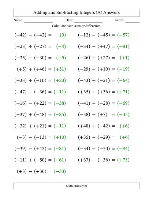 The Adding and Subtracting Mixed Integers from -50 to 50 (25 Questions; Large Print; All Parentheses) (All) Math Worksheet Page 2