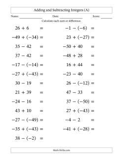 Adding and Subtracting Mixed Integers from -50 to 50 (25 Questions; Large Print)