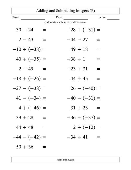 The Adding and Subtracting Mixed Integers from -50 to 50 (25 Questions; Large Print) (B) Math Worksheet