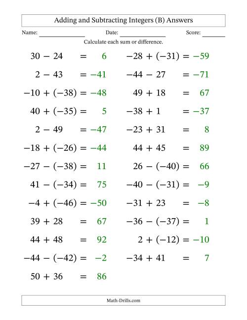The Adding and Subtracting Mixed Integers from -50 to 50 (25 Questions; Large Print) (B) Math Worksheet Page 2