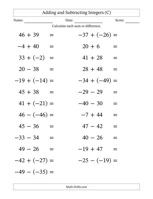 The Adding and Subtracting Mixed Integers from -50 to 50 (25 Questions; Large Print) (C) Math Worksheet