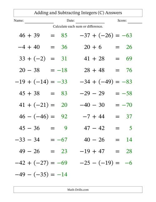 The Adding and Subtracting Mixed Integers from -50 to 50 (25 Questions; Large Print) (C) Math Worksheet Page 2