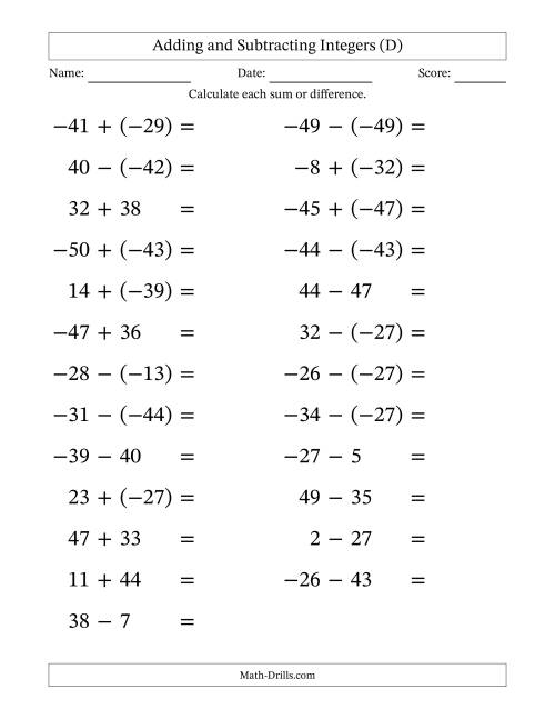 The Adding and Subtracting Mixed Integers from -50 to 50 (25 Questions; Large Print) (D) Math Worksheet