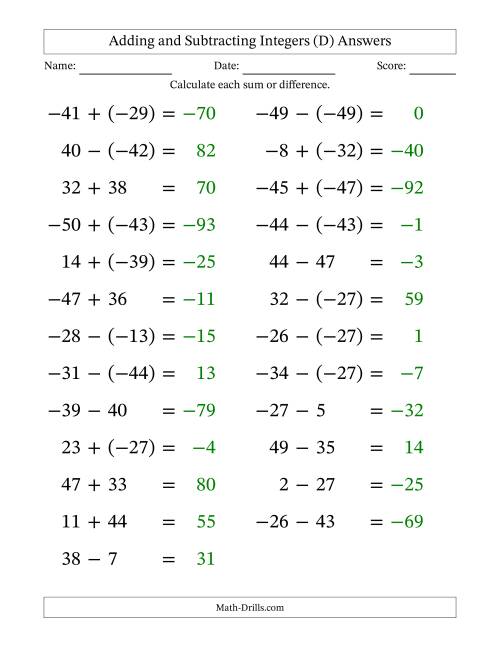 The Adding and Subtracting Mixed Integers from -50 to 50 (25 Questions; Large Print) (D) Math Worksheet Page 2