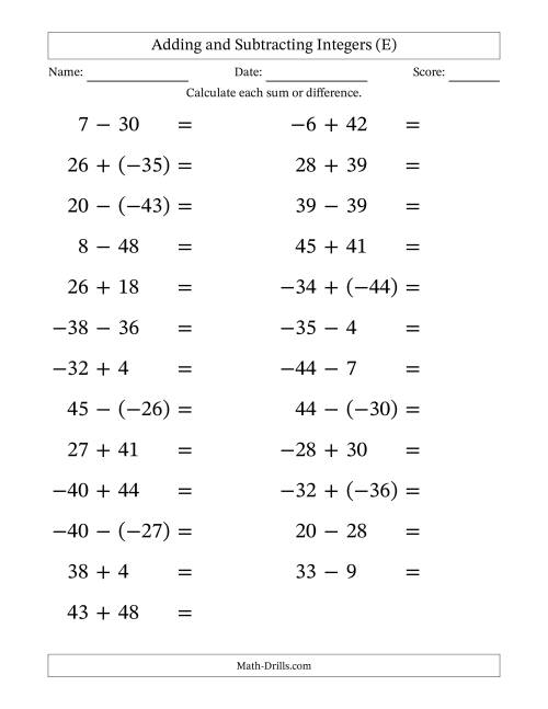 The Adding and Subtracting Mixed Integers from -50 to 50 (25 Questions; Large Print) (E) Math Worksheet