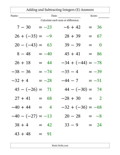 The Adding and Subtracting Mixed Integers from -50 to 50 (25 Questions; Large Print) (E) Math Worksheet Page 2