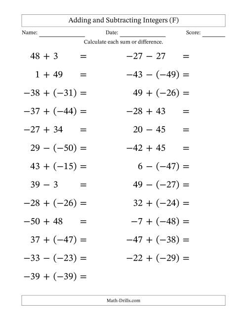 The Adding and Subtracting Mixed Integers from -50 to 50 (25 Questions; Large Print) (F) Math Worksheet