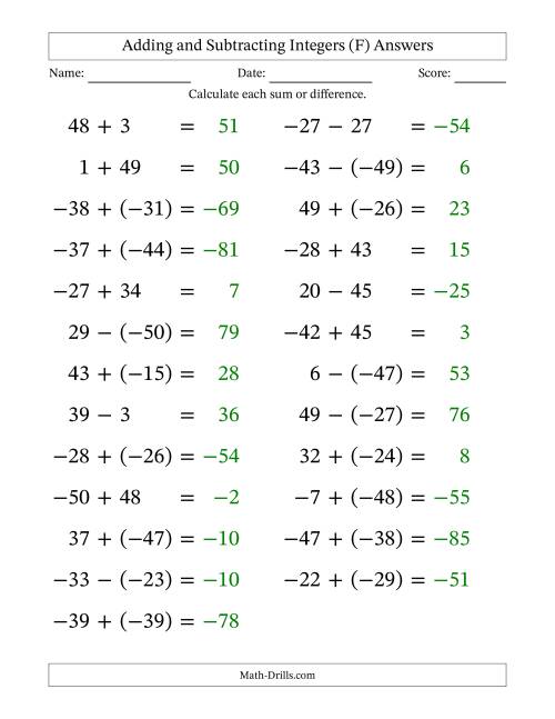 The Adding and Subtracting Mixed Integers from -50 to 50 (25 Questions; Large Print) (F) Math Worksheet Page 2