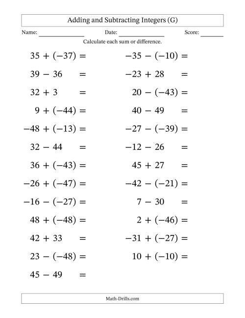The Adding and Subtracting Mixed Integers from -50 to 50 (25 Questions; Large Print) (G) Math Worksheet