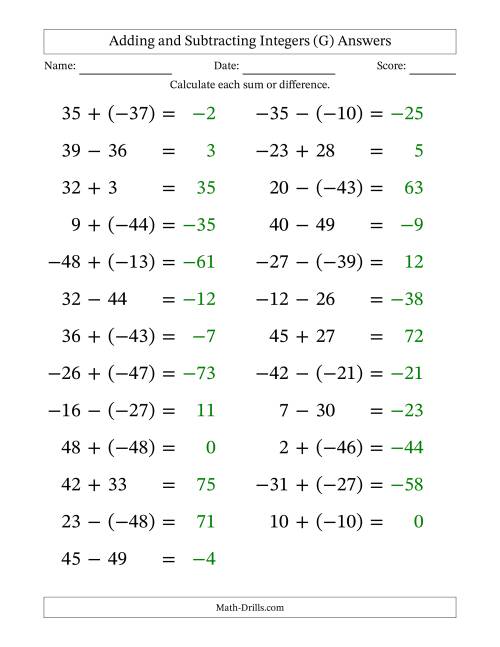 The Adding and Subtracting Mixed Integers from -50 to 50 (25 Questions; Large Print) (G) Math Worksheet Page 2