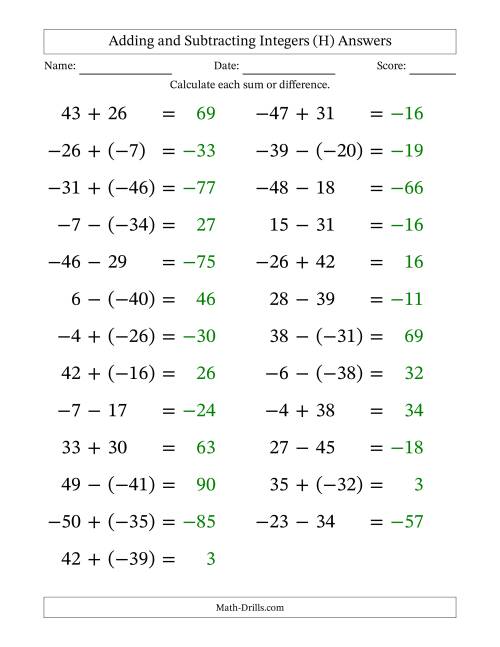 The Adding and Subtracting Mixed Integers from -50 to 50 (25 Questions; Large Print) (H) Math Worksheet Page 2