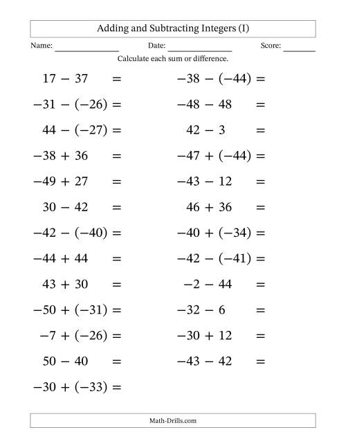 The Adding and Subtracting Mixed Integers from -50 to 50 (25 Questions; Large Print) (I) Math Worksheet