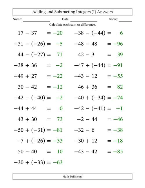 The Adding and Subtracting Mixed Integers from -50 to 50 (25 Questions; Large Print) (I) Math Worksheet Page 2