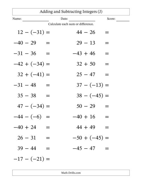 The Adding and Subtracting Mixed Integers from -50 to 50 (25 Questions; Large Print) (J) Math Worksheet