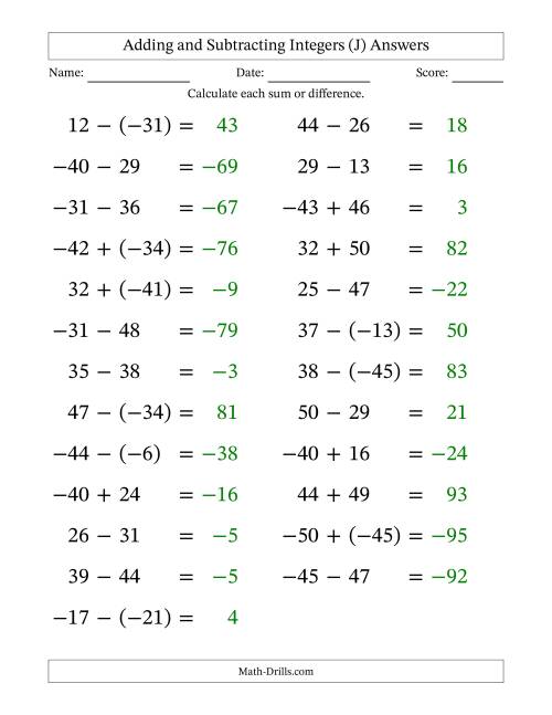 The Adding and Subtracting Mixed Integers from -50 to 50 (25 Questions; Large Print) (J) Math Worksheet Page 2