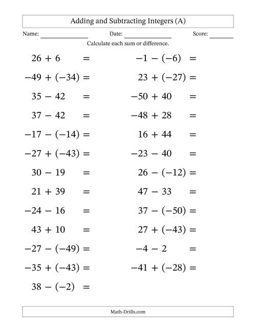 The Adding and Subtracting Mixed Integers from -50 to 50 (25 Questions; Large Print) (All) Math Worksheet