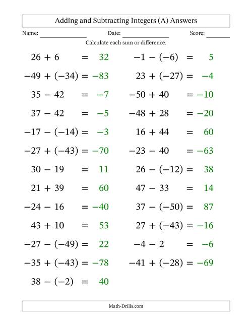 The Adding and Subtracting Mixed Integers from -50 to 50 (25 Questions; Large Print) (All) Math Worksheet Page 2