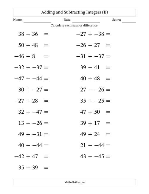 The Adding and Subtracting Mixed Integers from -50 to 50 (25 Questions; Large Print; No Parentheses) (B) Math Worksheet