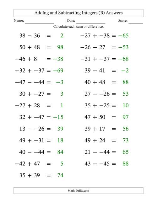The Adding and Subtracting Mixed Integers from -50 to 50 (25 Questions; Large Print; No Parentheses) (B) Math Worksheet Page 2