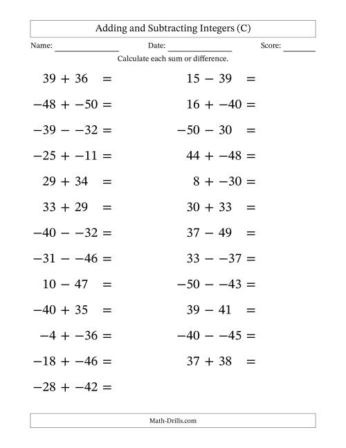 The Adding and Subtracting Mixed Integers from -50 to 50 (25 Questions; Large Print; No Parentheses) (C) Math Worksheet
