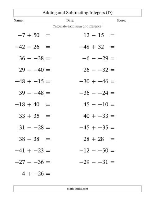 The Adding and Subtracting Mixed Integers from -50 to 50 (25 Questions; Large Print; No Parentheses) (D) Math Worksheet