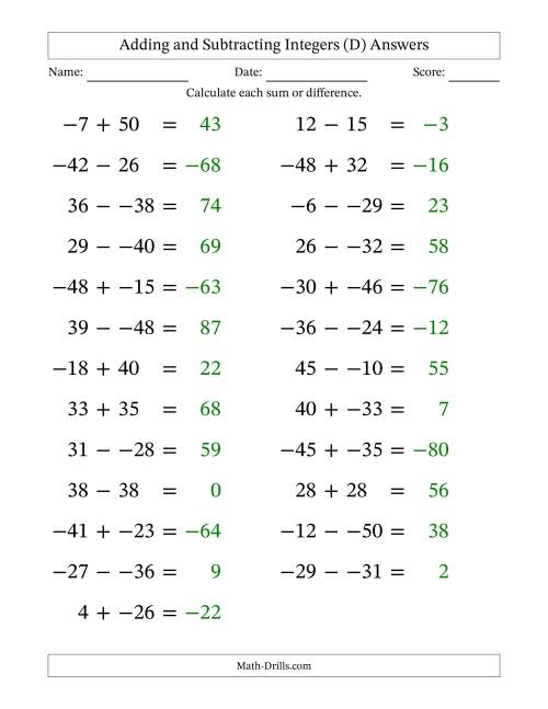 The Adding and Subtracting Mixed Integers from -50 to 50 (25 Questions; Large Print; No Parentheses) (D) Math Worksheet Page 2