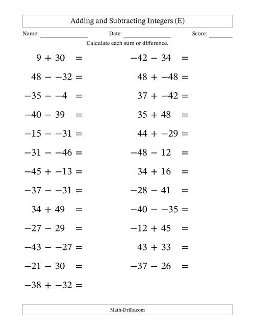 The Adding and Subtracting Mixed Integers from -50 to 50 (25 Questions; Large Print; No Parentheses) (E) Math Worksheet